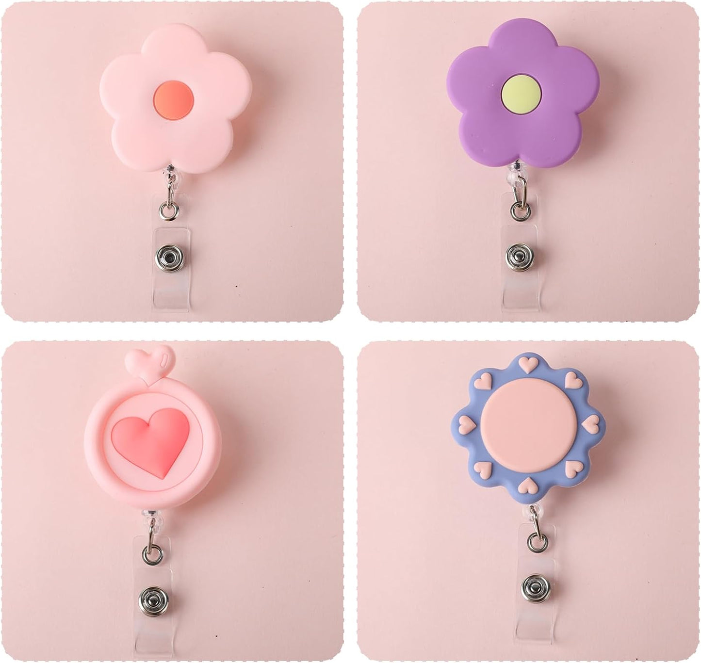 4 Pack Cute Retractable Badge Reel Holders - Flower ID Name Clip Tag for Nurse, Teacher, Student, Office, Hospital