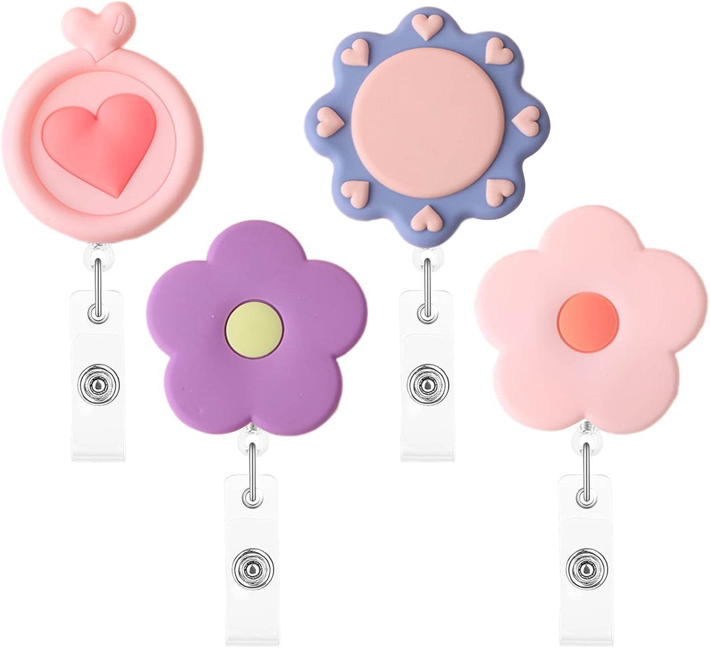 4 Pack Cute Retractable Badge Reel Holders - Flower ID Name Clip Tag for Nurse, Teacher, Student, Office, Hospital