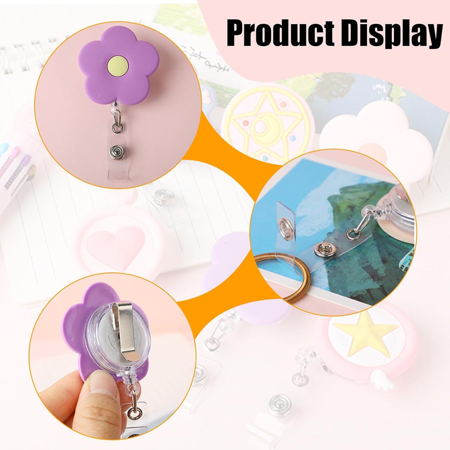 4 Pack Cute Retractable Badge Reel Holders - Flower ID Name Clip Tag for Nurse, Teacher, Student, Office, Hospital