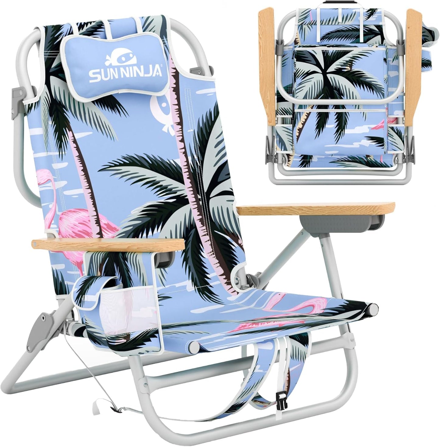 SUN NINJA Folding Beach Chair with Headrest Pillow