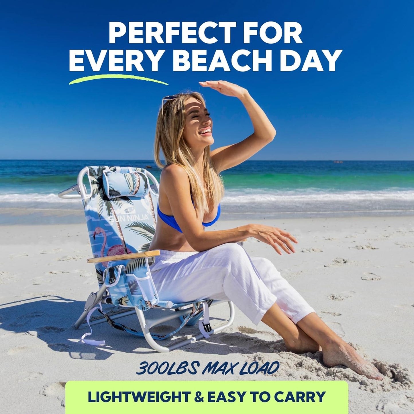 SUN NINJA Folding Beach Chair with Headrest Pillow