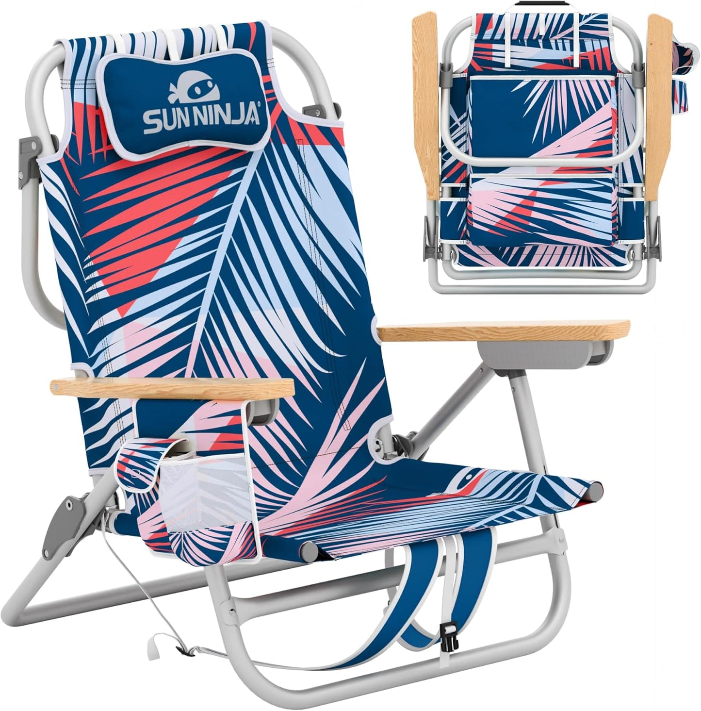 SUN NINJA Folding Beach Chair with Headrest Pillow