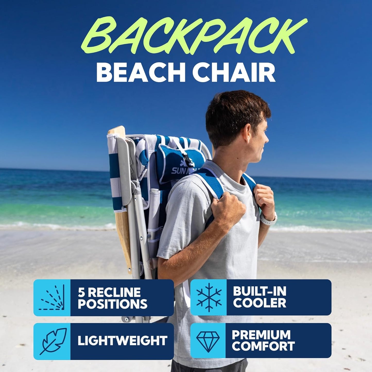 SUN NINJA Folding Beach Chair with Headrest Pillow