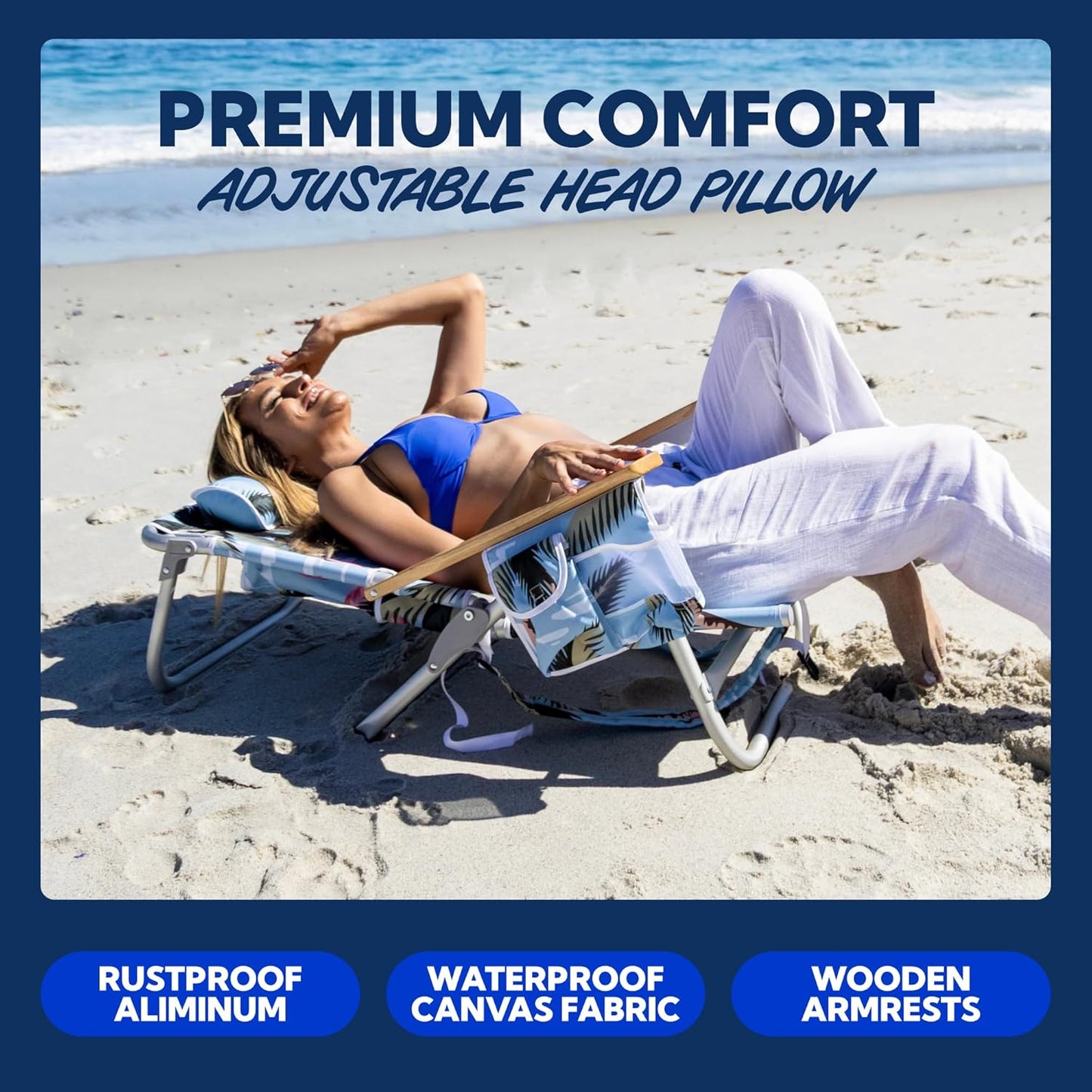 SUN NINJA Folding Beach Chair with Headrest Pillow