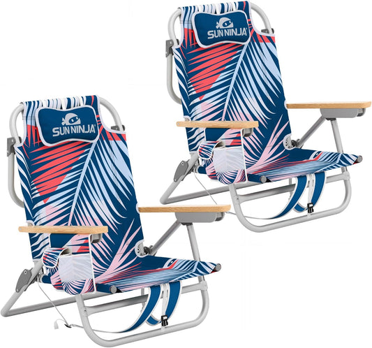 SUN NINJA Folding Beach Chair with Headrest Pillow